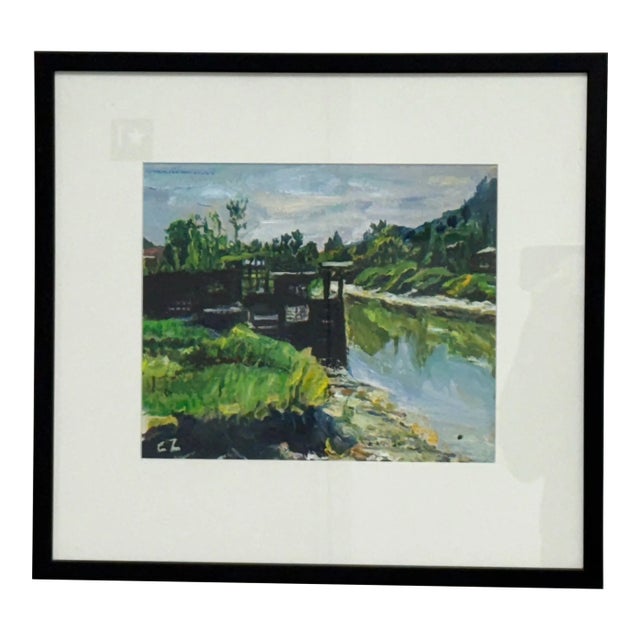 Original Oil Painting of Riverbend, Framed & Signed by Artist C. Z. For Sale