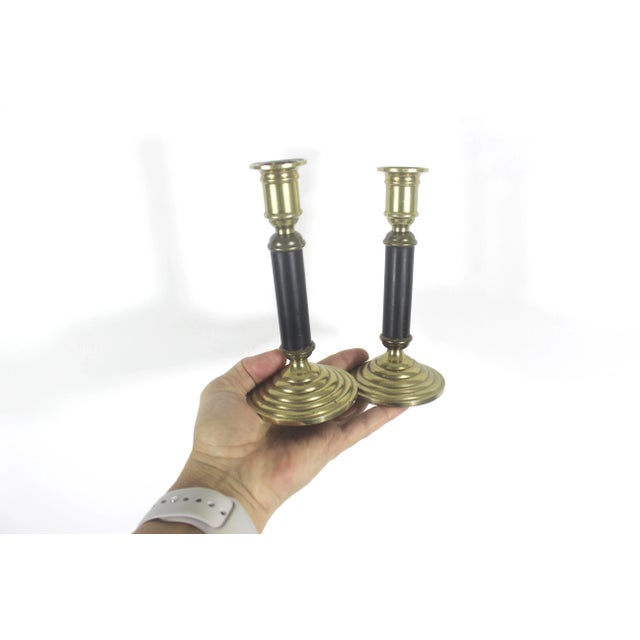 Mid-Century Modern Mid Century Set of 2 Vintage Brass and Black Candle Holders For Sale - Image 3 of 6