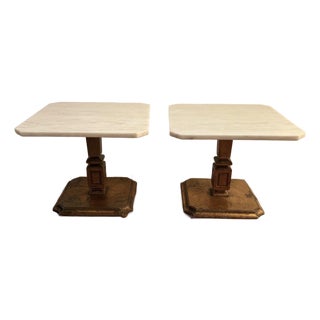 Pair of Vintage Hollywood Regency Gilt Pedestal Tables With Marble Tops For Sale