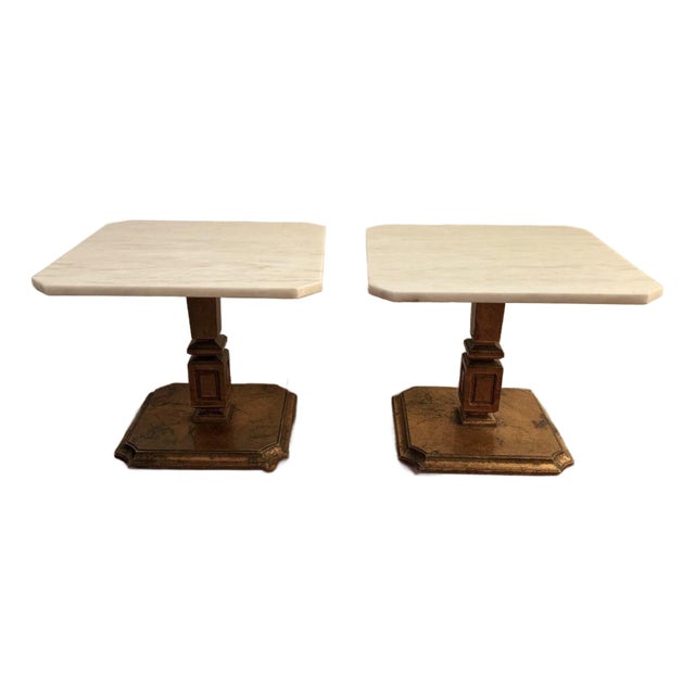 Pair of Vintage Hollywood Regency Gilt Pedestal Tables With Marble Tops For Sale