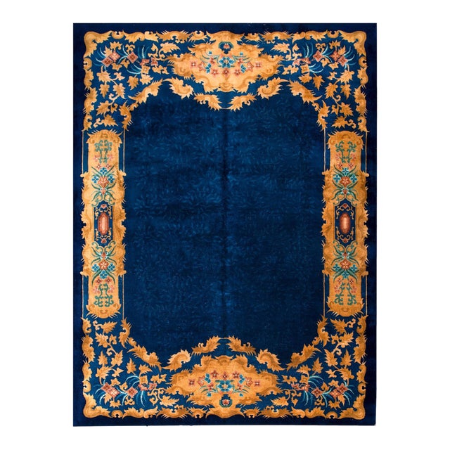 1920s Blue Navy Medallion Modern Antique Art Deco Rug 8' 9" X 11' 2" Handknotted Wool Carpet For Sale