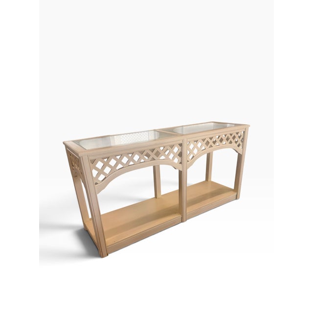 Vintage Broyhill Palm Beach Lattice Wood & Glass Console Table For Sale In Miami - Image 6 of 11