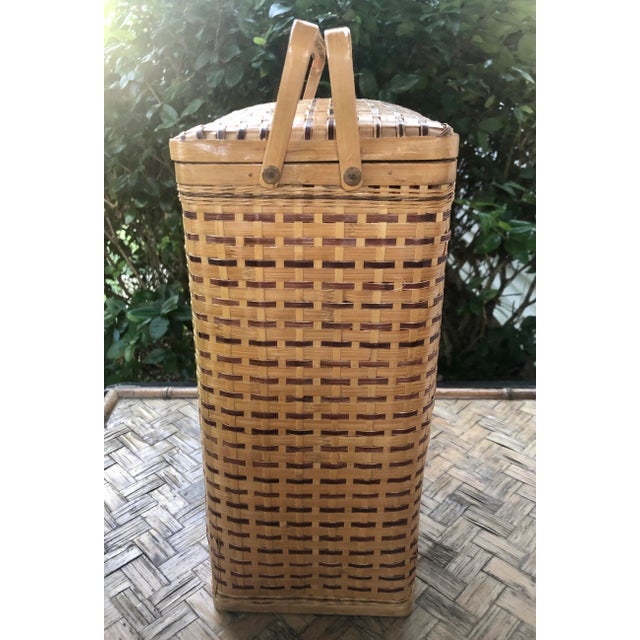 Vintage Natural Woven Bamboo Wicker Rattan Picnic Basket With Handles For Sale - Image 4 of 13