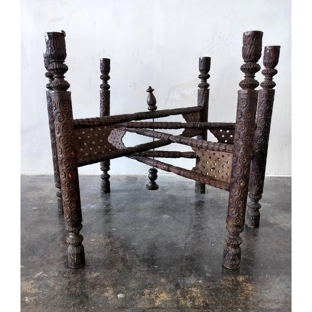 Vintage Morrocan Brass Tray Table With Folding Hand Carved Wood Base For Sale In Dallas - Image 6 of 8