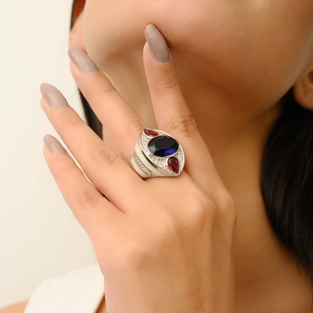 Blue Bochic Sterling Silver Cocktail Ring With Blue & Red Cz Gemstone - Size 9 For Sale - Image 8 of 12