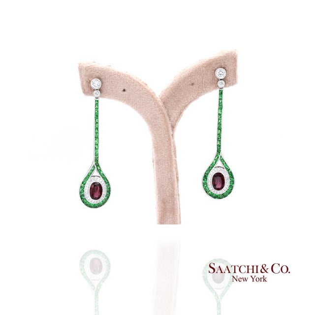 Platinum 950 Dangling Natural Ruby Emerald and Diamond Earring - Set of 2 For Sale - Image 4 of 13