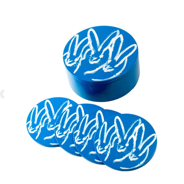Abstract Expressionism Contemporary Blue Bunny Coaster Set with Box- 5 Pieces For Sale - Image 3 of 3