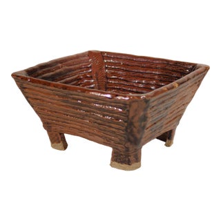 Handbuilt Ceramic Vessel With Square Form on Raised Feet With Carved Linear Texture For Sale