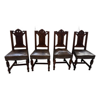 Set of 4 - Antique Gothic Revival Carved Oak Hall Chairs - Leather Seat Nailhead For Sale