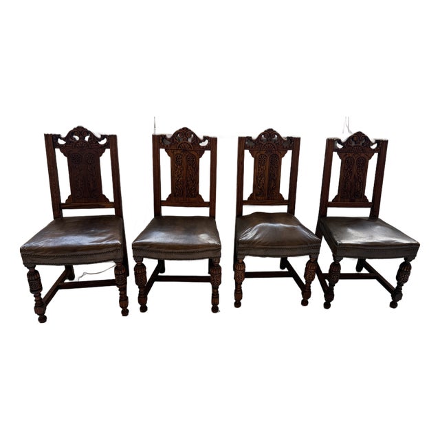 Set of 4 - Antique Gothic Revival Carved Oak Hall Chairs - Leather Seat Nailhead For Sale