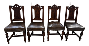 Set of 4 - Antique Gothic Revival Carved Oak Hall Chairs - Leather Seat Nailhead