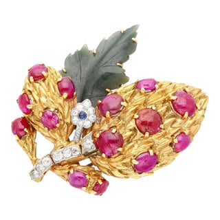 Late 20th Century Cabochon Cut Ruby, Sapphire, Jade, and Diamond 18k/Platinum Brooch Pin For Sale