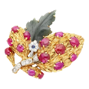Late 20th Century Cabochon Cut Ruby, Sapphire, Jade, and Diamond 18k/Platinum Brooch Pin