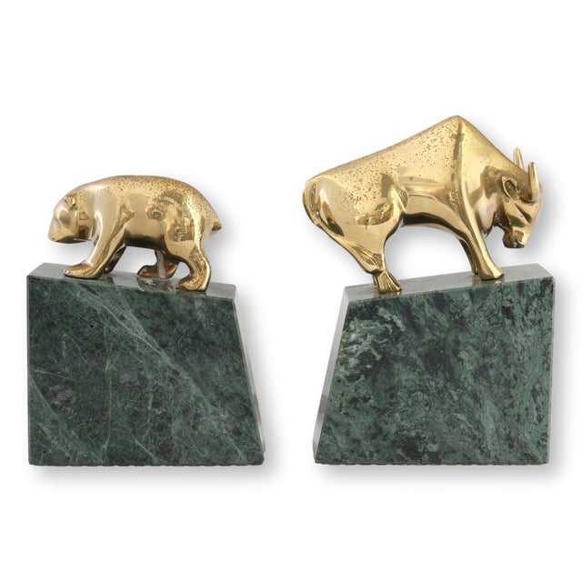 1980s Italian Marble & Brass Bull & Bear Bookends For Sale - Image 4 of 5