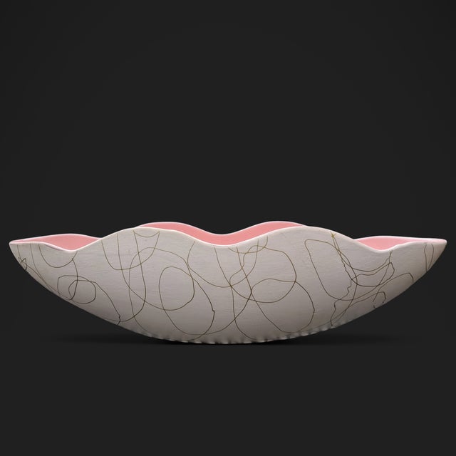 Mid Century Modern Pink White and Gold Abstract Scalloped Ceramic Planter For Sale - Image 10 of 10