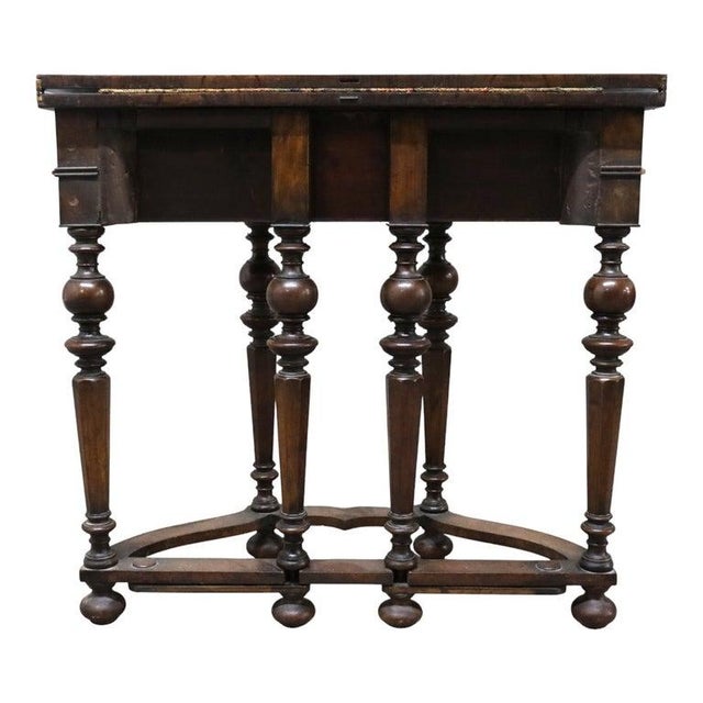English Jacobean Walnut & Burl Petit Point Top Game Table With Tapestry C1810 For Sale - Image 13 of 16
