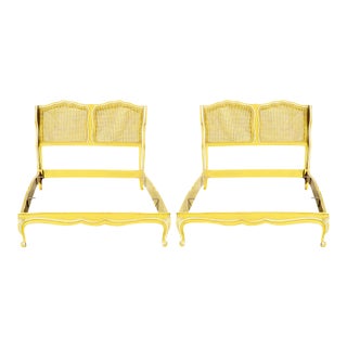Vintage Louis XV Style Cane Beds W/ Painted & Scalloped Frames, Pair For Sale