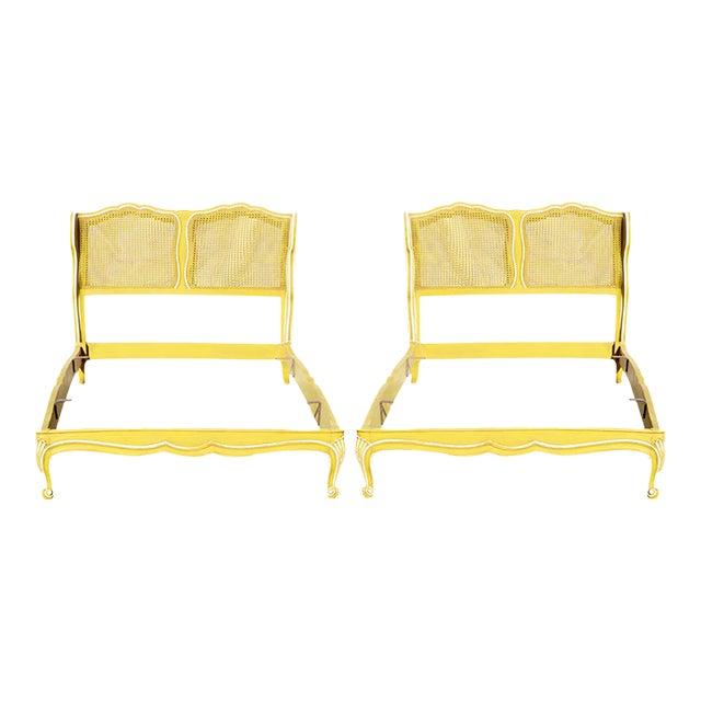 Vintage Louis XV Style Cane Beds W/ Painted & Scalloped Frames, Pair For Sale