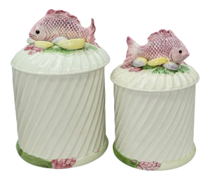 1980s Fitz & Floyd Majolica Under the Sea Fish, Clams and Asparagus Jar Canister Set - 2 Pieces