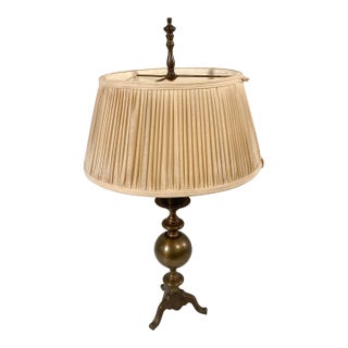 Antique Solid Brass Cannonball Table Lamp and Pleated Shade For Sale