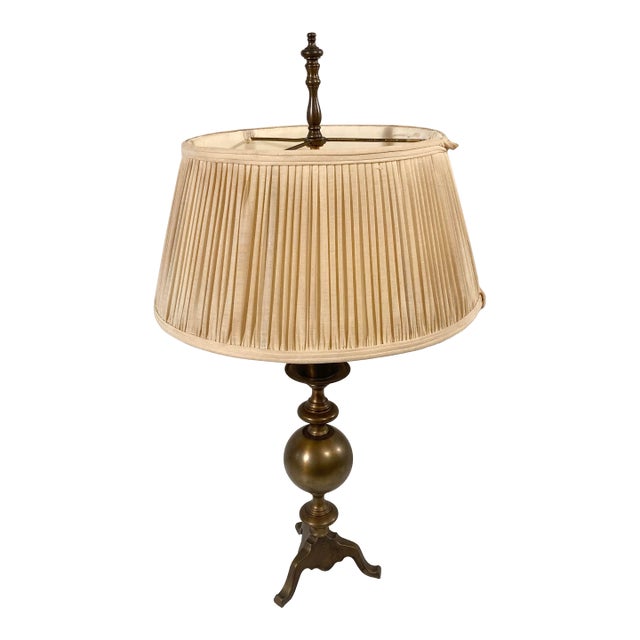 Antique Solid Brass Cannonball Table Lamp and Pleated Shade For Sale