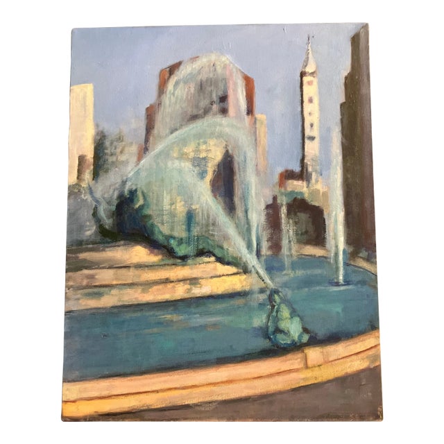 1980’s Original Cityscape With Fountain Impressionist Painting For Sale