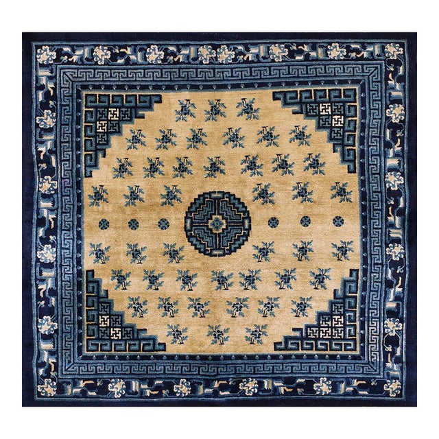 1920s Beige Medallion Floral Antique Chinese Baotou Carpet 5' 9" X 6' 2" Handknotted Wool Rug For Sale