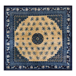 1920s Beige Medallion Floral Antique Chinese Baotou Carpet 5' 9" X 6' 2" Handknotted Wool Rug