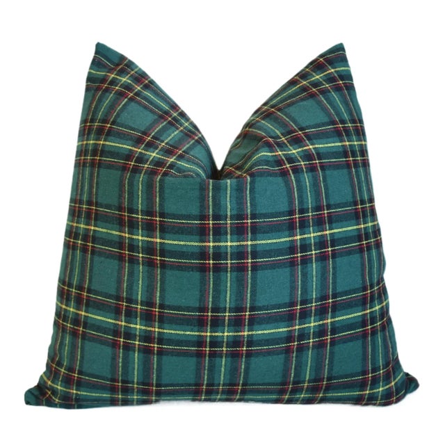 American Green Woven English Plaid Tartan Feather/Down Pillow 20” Square For Sale - Image 3 of 6