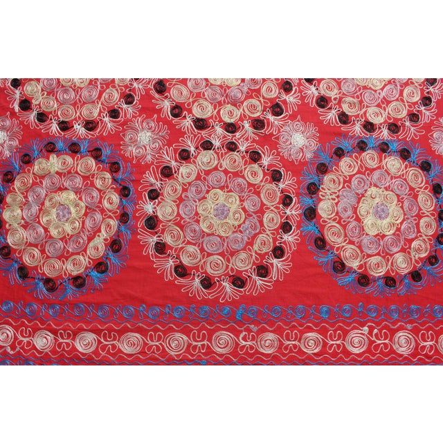 Unusually Large Silk Embroidery Suzani With Soft Red & Beautiful Vivid Colors For Sale - Image 10 of 13