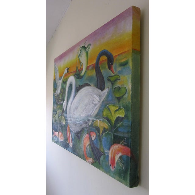 Contemporary Lagoon by Zoa Ace | Oil on canvas Swans, fish, and plants in a colorful lagoon setting. For Sale - Image 3 of 5