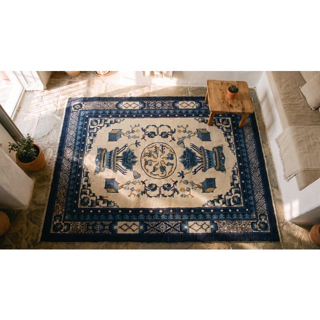 1890s White Blue Medallion Antique N. Chinese Mongolian Rug 4'3" X 5'10" Handknotted Wool Carpet For Sale - Image 9 of 9