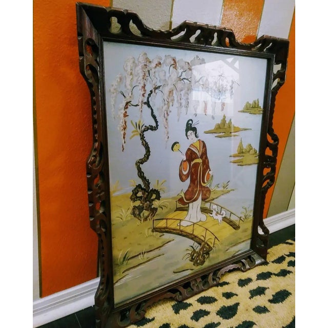 Vintage Chinoiserie Geisha Asian Painting in Vintage Fretwork Mahogany Wood Frame For Sale - Image 4 of 6