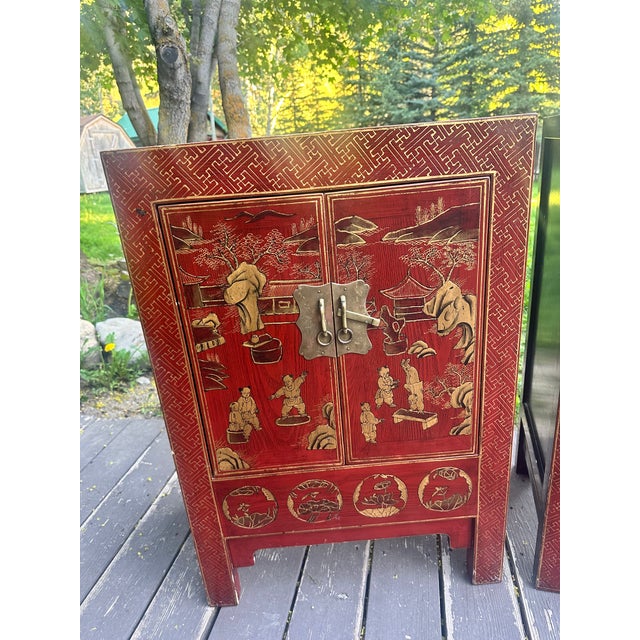 Rare Pair of 19th Century Chinese Red Lacquer Chinoiserie Cabinets For Sale - Image 13 of 16