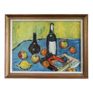 Mid-Century Modern 'Lemon & Literature' Vintage Swedish Expressive Still Life Oil Painting, Framed