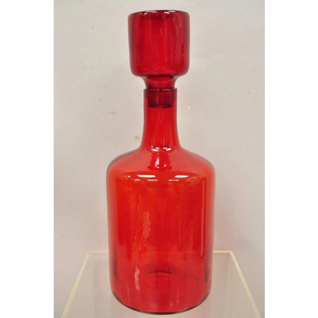 Mid Century Modern Blenko Large Red Blown Art Glass Vase Vessel Jug With Stopper For Sale - Image 9 of 9
