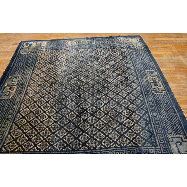 1920s Antique Square Blue Geometric Greek Key Chinese Baotou Wool Pile Rug For Sale - Image 9 of 12