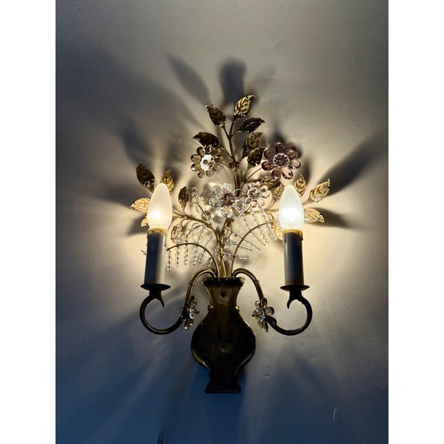 Metal Italian Wall Sconces with Amethyst and Smoky Glass Blossoms, 1950s, Set of 2 For Sale - Image 7 of 18