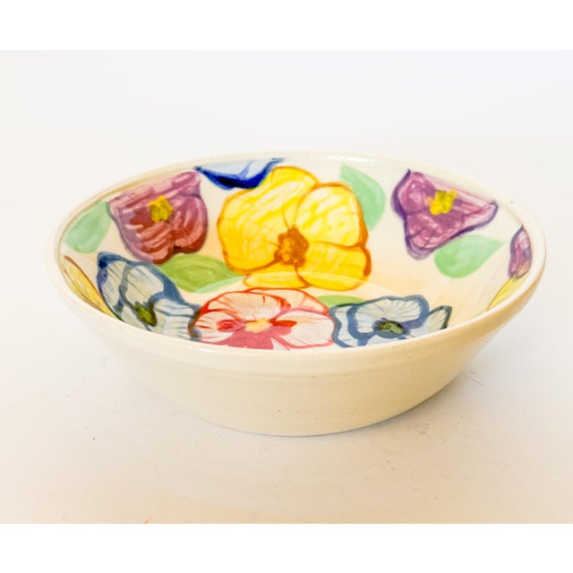 Folk Art Hand Painted Artisan Studio Pottery Flower Bowl For Sale - Image 3 of 7