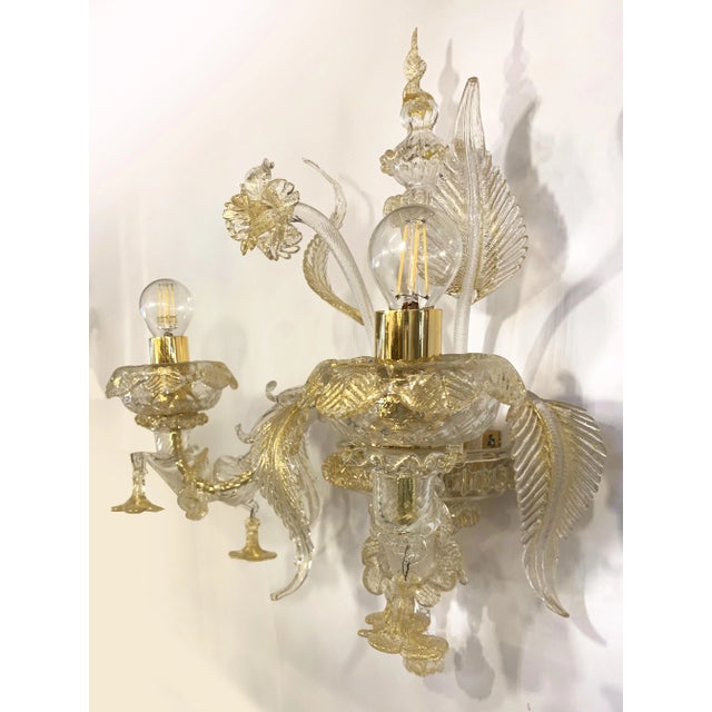 Gold Contemporary Floral Transparent-Gold "Ca' Rezzonico" Murano Glass Wall Sconce For Sale - Image 8 of 10