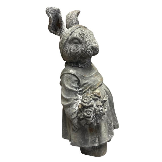 Vintage Cast Iron Anthropomorphic Rabbit Garden Statue With Bouquet For Sale - Image 4 of 12