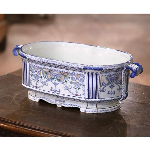 Early 20th Century Early 20th Century French Desvres Faience Jardinière With Mask Handles and Scrollwork For Sale - Image 5 of 9