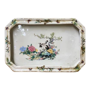 Chinese Off White Porcelain Flower Cranes Rectangular Display Plate