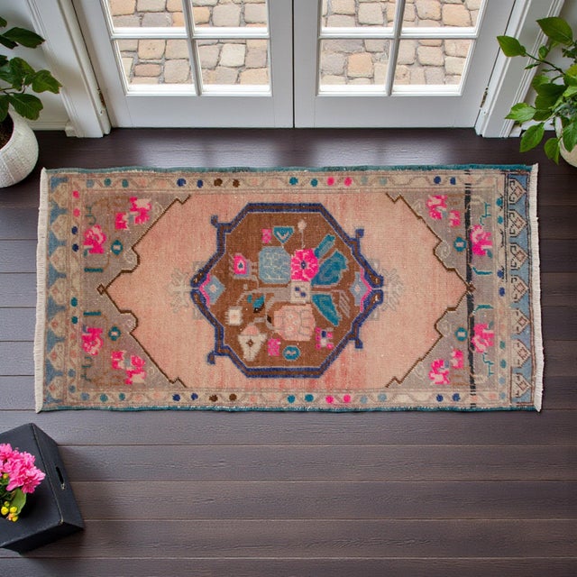 Shabby Chic Turkish Hand Made Small Rug Doormat Enrtyway Decor - 1'10" X 3'9" For Sale - Image 3 of 13
