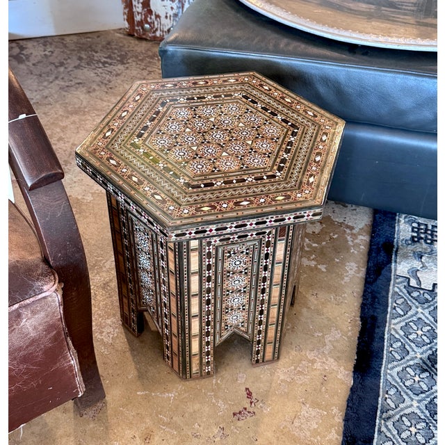 Art Deco Vintage Marquetry Wood Inlay & Mother-of-Pearl Hexagonal Side Table For Sale - Image 3 of 8