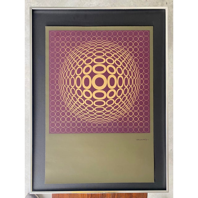 Victor Vasarely Vasarely Op Art Screenprint Entitled Vega-Tuz Framed in Chrome For Sale - Image 4 of 15