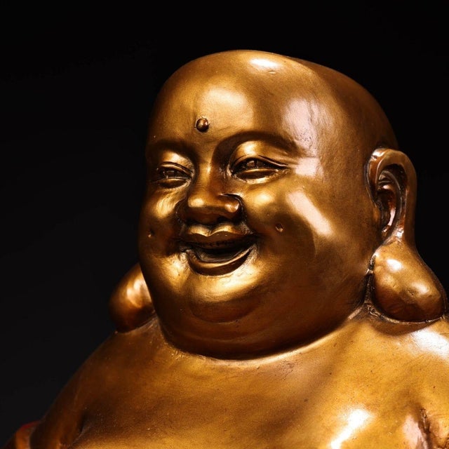 1980s Hand-Painted Gilt Solid Copper Laughing Buddha Statue, Seated Maitreya Buddha on Lotus Base, Chinoiserie Sculpture For Sale - Image 9 of 10