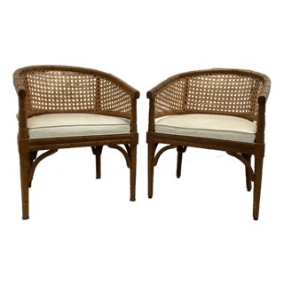 Shelby Williams Faux Bamboo and Rattan Weave Barrel Chairs - Solid Walnut For Sale