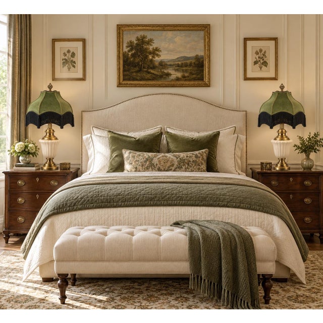 Vintage Neoclassical Cream Urn Lamps With Olive Velvet Fringe Shades - Pair For Sale - Image 11 of 12