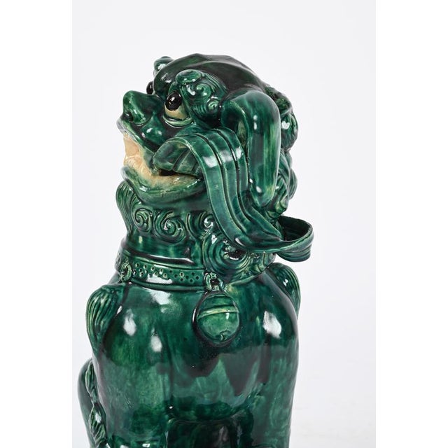 Large Antique Chinese Glazed Green Ceramic Lion Foo Dog, Early 20th Century For Sale - Image 5 of 16